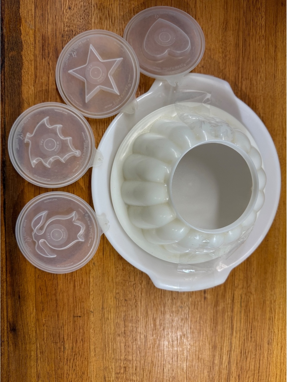 Vintage Tupperware Jello Mold Set with Decorative Lids - White Plastic Bundt Pan